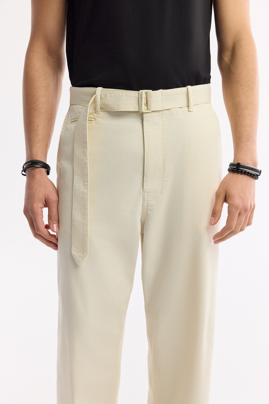  Beige Classic Waist Cotton Pants