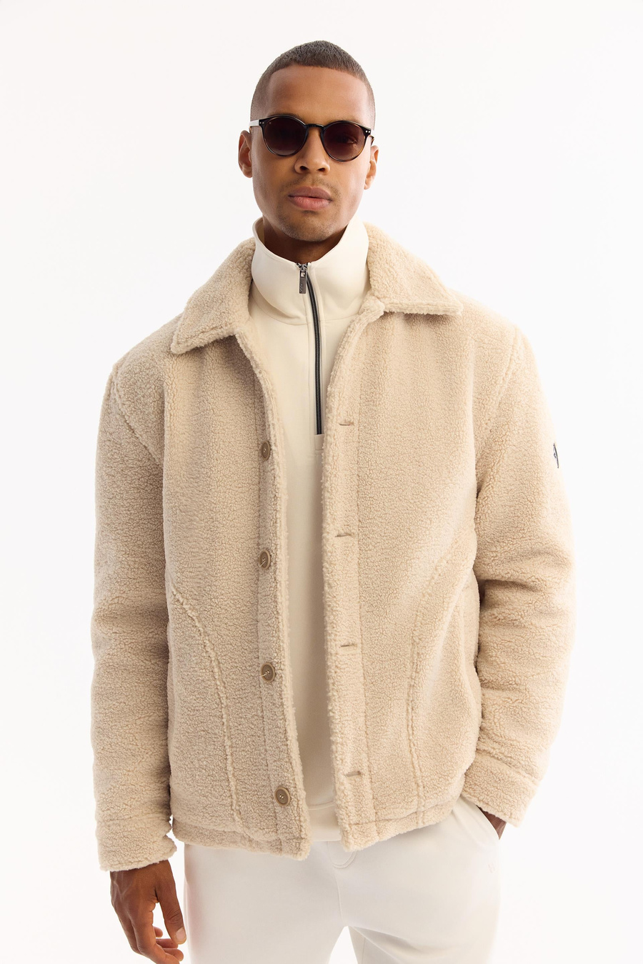 Beige Faux Fur Collar Windproof Plush Jacket Resistant to -4°C