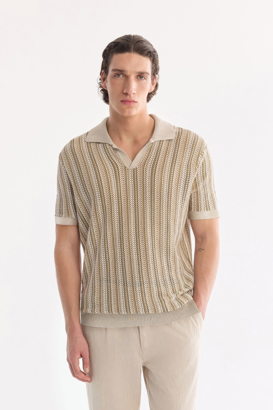 Bej Polo Yaka Düğmesiz %100 Pamuk Soft Touch Triko-T-Shirt