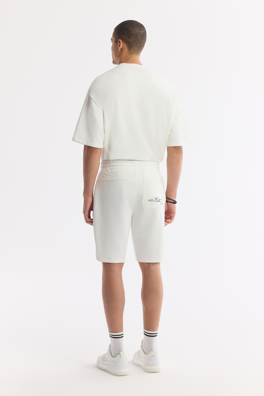 Beyaz Beli Lastikli Bağcıklı Bi-Stretch 2 İplik Örme Şort