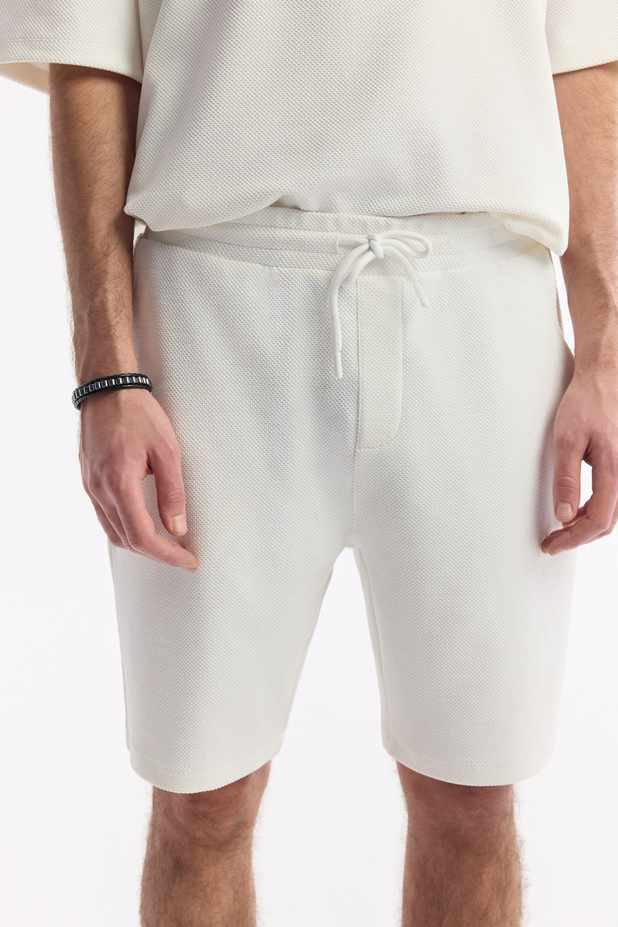 White Elastic Waist Drawstring Knit Shorts