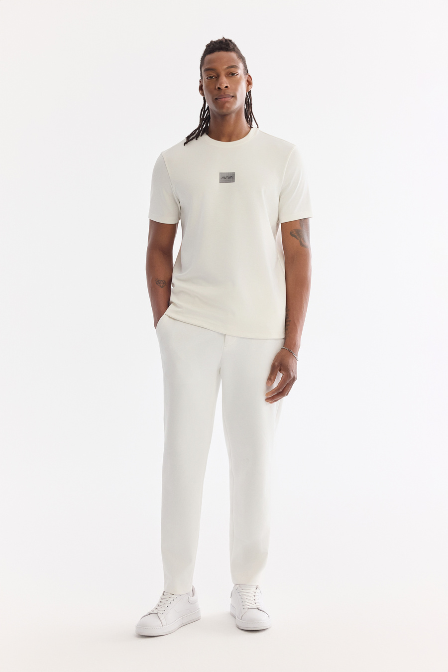 Beyaz Klasik Bel Örme Diyagonal Relaxed Fit Pantolon