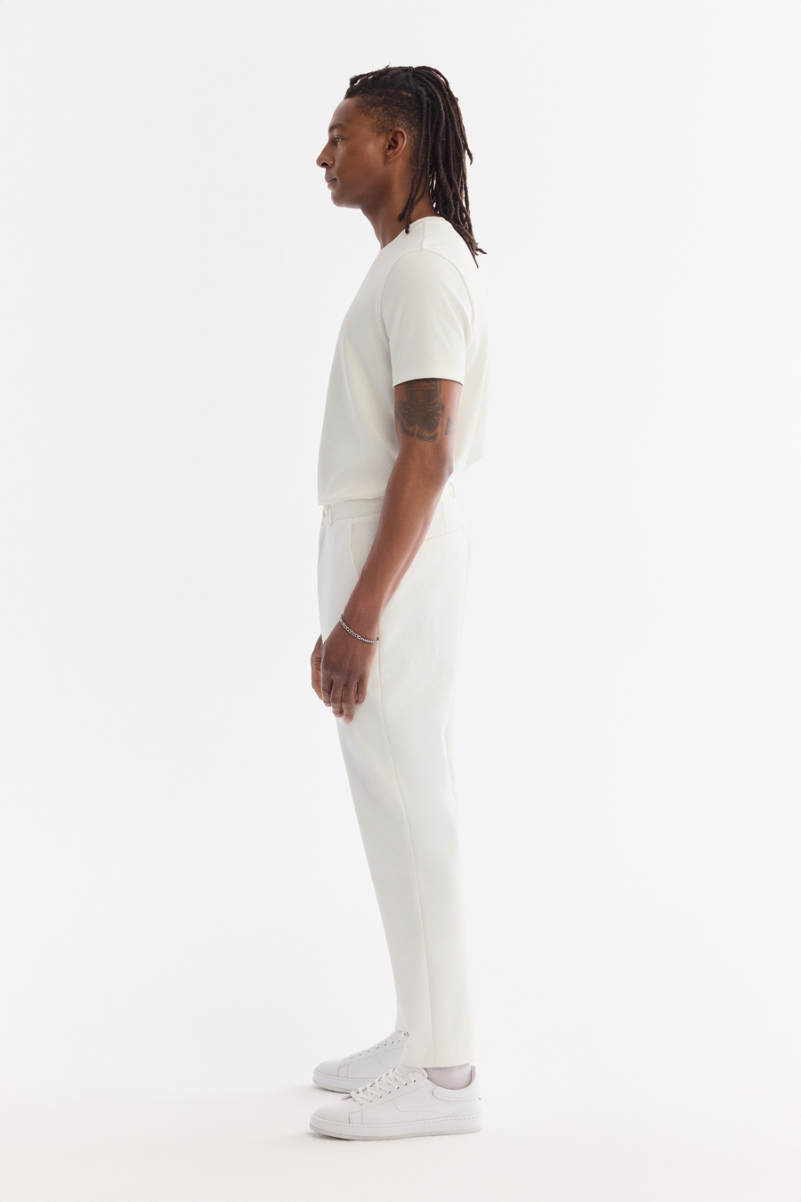 Beyaz Klasik Bel Örme Diyagonal Relaxed Fit Pantolon