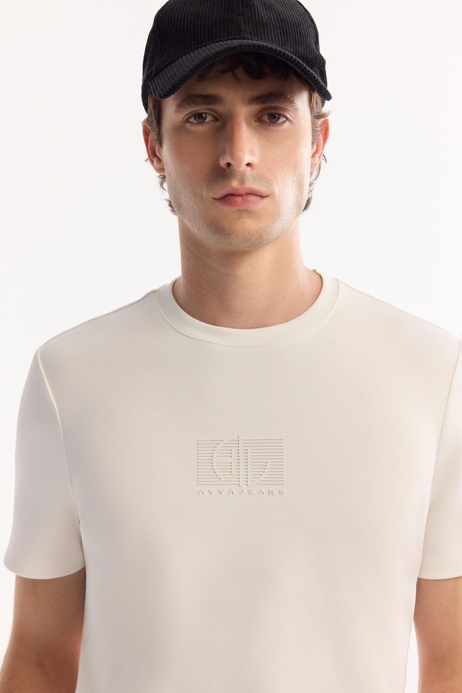 Ecru Crew Neck Viscose Blend Bi-Stretch Printed T-Shirt
