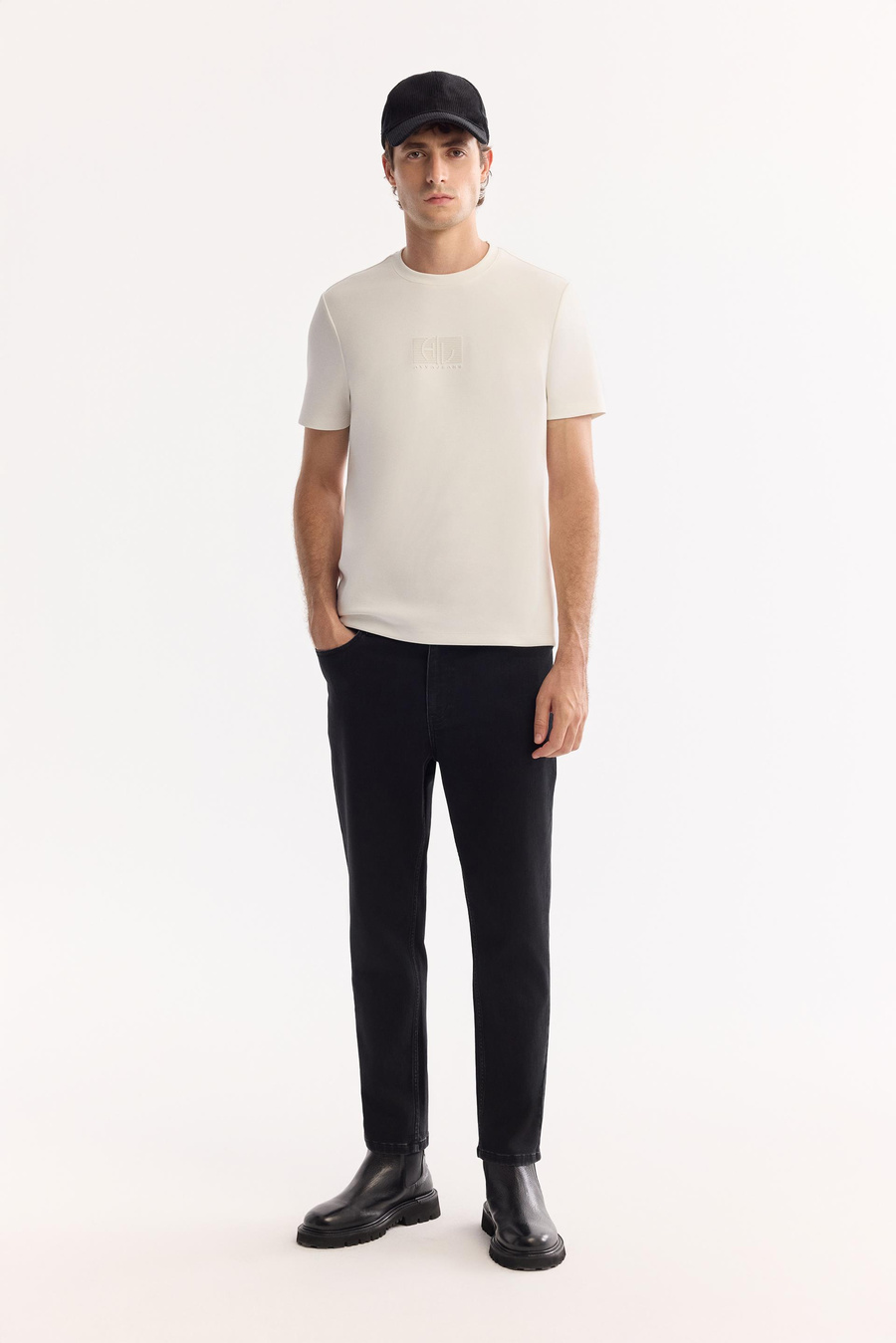 Ecru Crew Neck Viscose Blend Bi-Stretch Printed T-Shirt