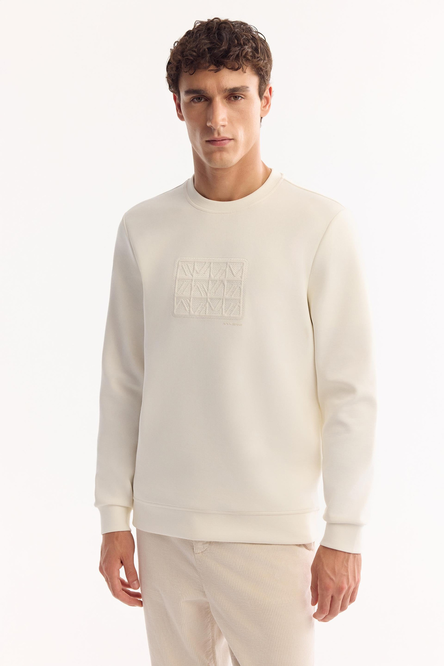 Ecru Crew Neck Easy-Iron Bi-Stretch Printed Sweatshirt