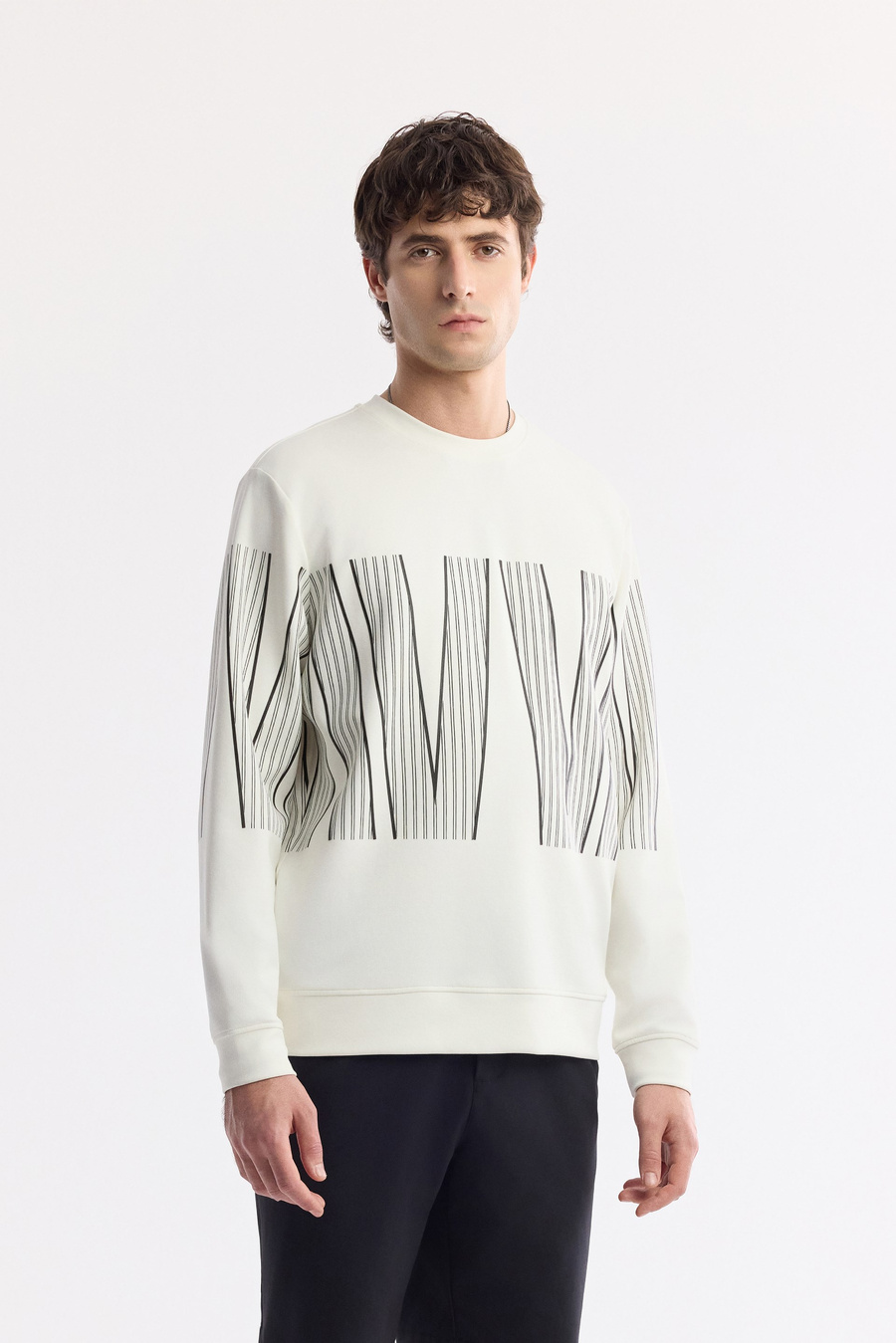 Ekru Bisiklet Yaka Baskılı Bi-Stretch İnterlok Sweatshirt