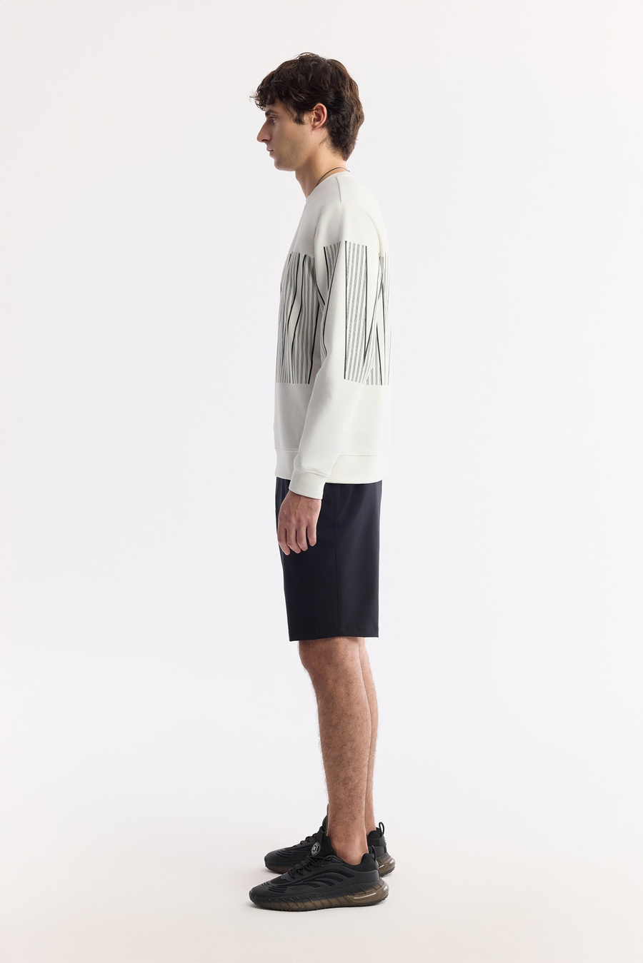 Ekru Bisiklet Yaka Baskılı Bi-Stretch İnterlok Sweatshirt