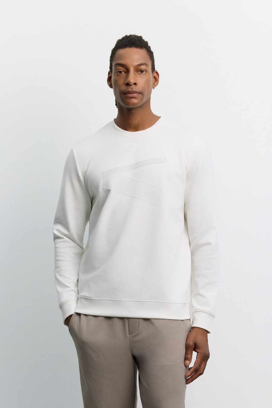 Ekru Bisiklet Yaka Baskılı İnterlok Sweatshirt