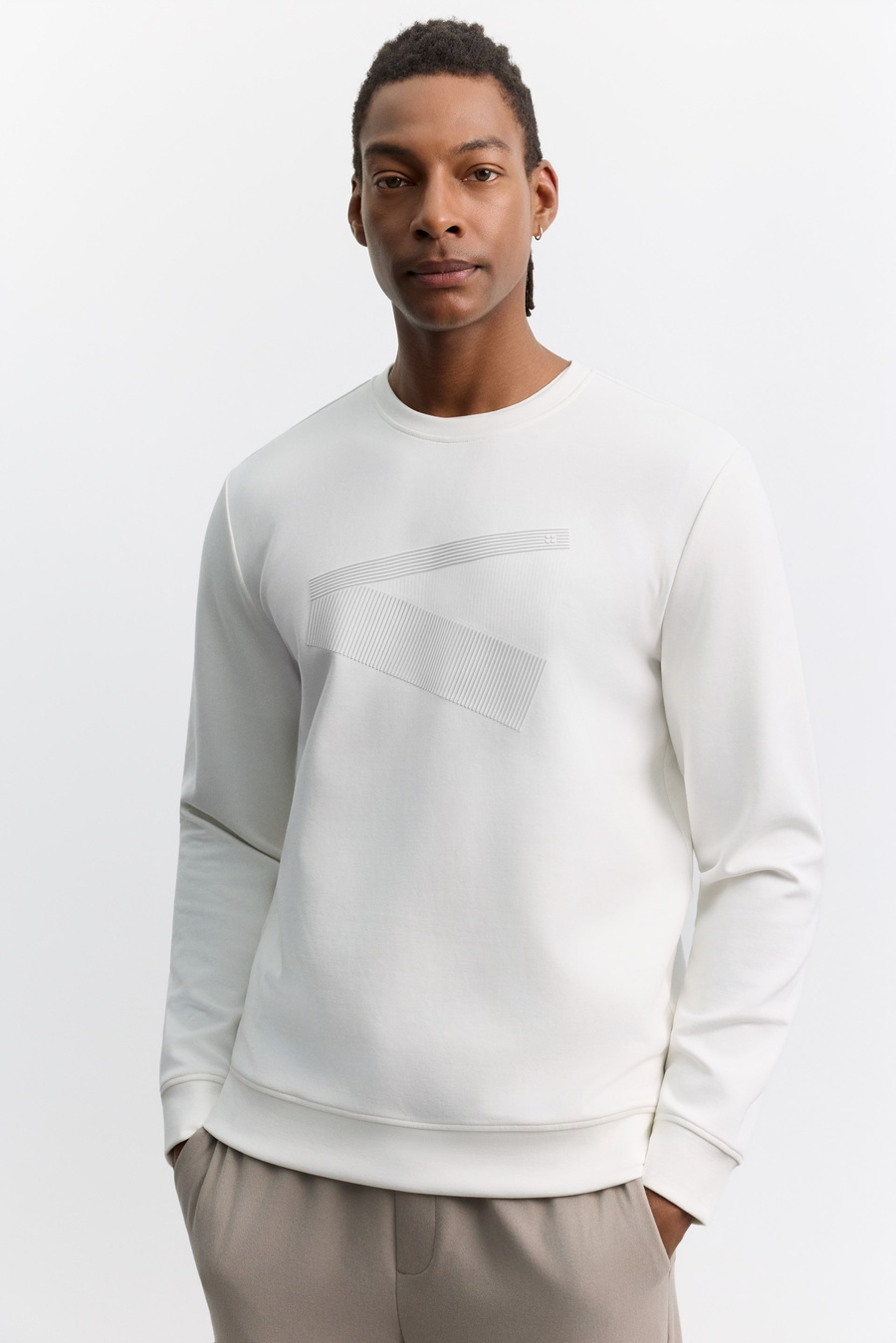 Ekru Bisiklet Yaka Baskılı İnterlok Sweatshirt
