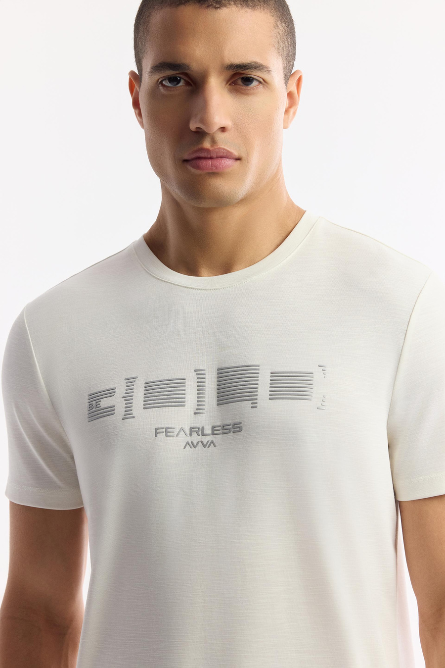 Ekru Bisiklet Yaka Baskılı Soft Touch T-Shirt