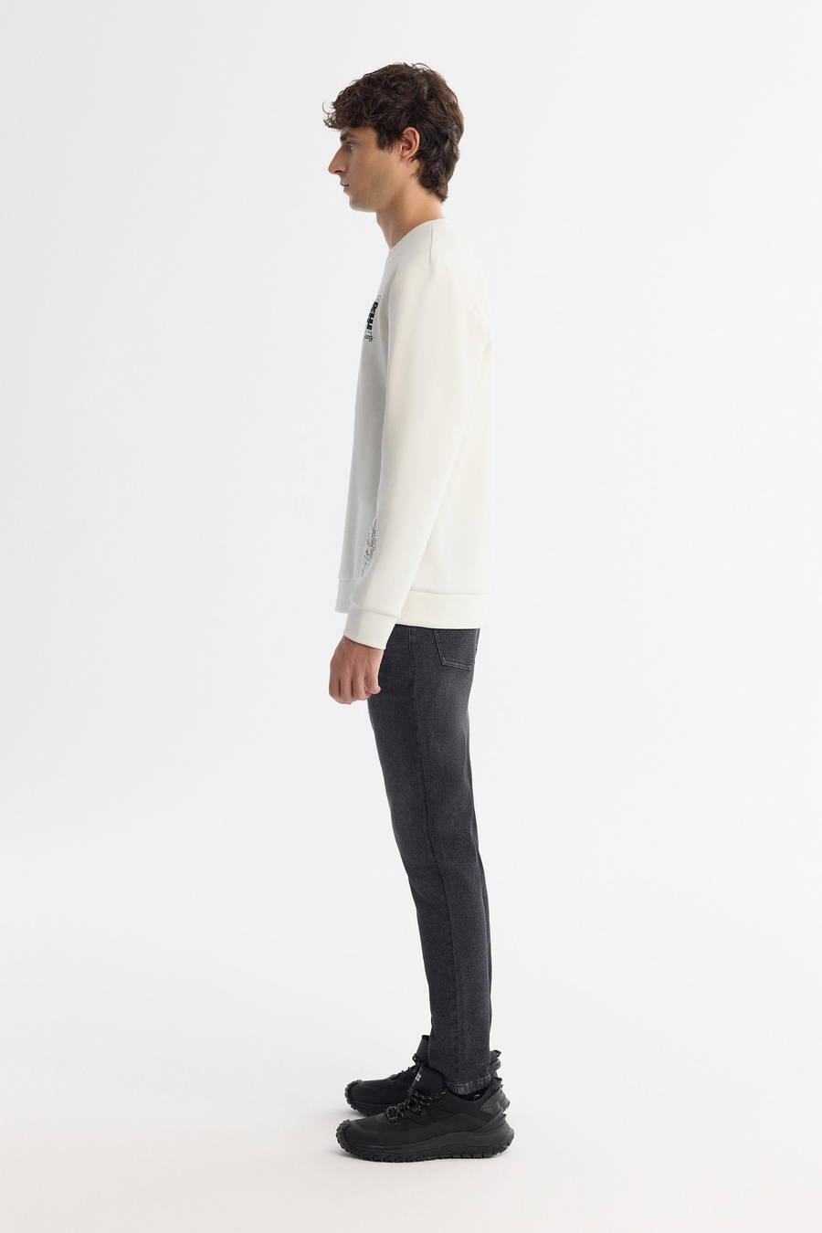 Ekru Bisiklet Yaka Pamuklu Baskılı Elastan Sweatshirt
