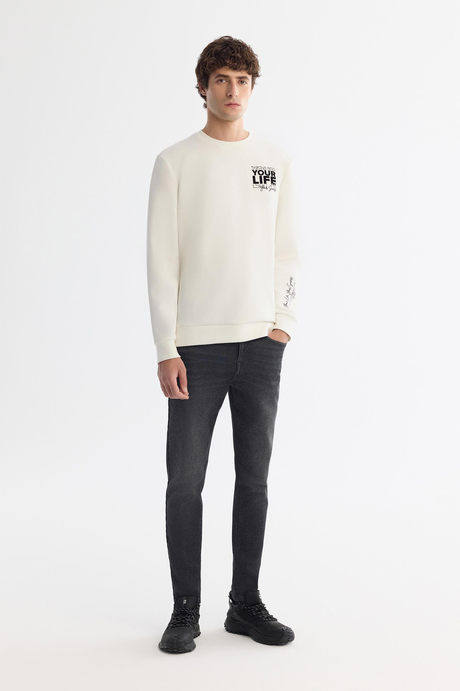 Ekru Bisiklet Yaka Pamuklu Baskılı Elastan Sweatshirt