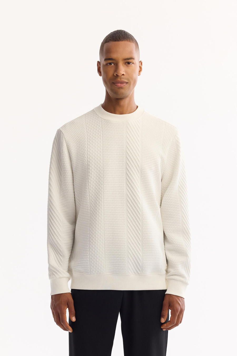 Ekru Bisiklet Yaka Kolay Ütülenen Elastan Sweatshirt