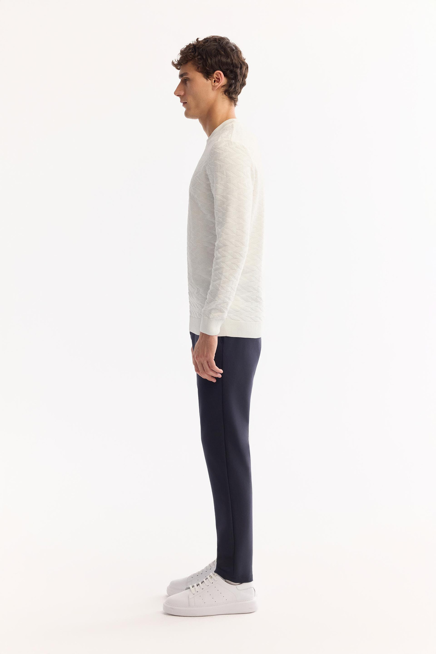Ecru Textured Crew Neck Knit Sweater