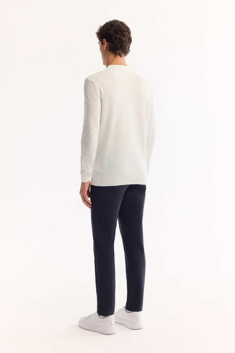 Ecru Textured Crew Neck Knit Sweater