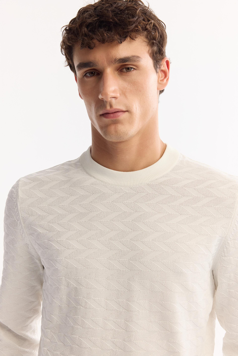 Ecru Textured Crew Neck Knit Sweater