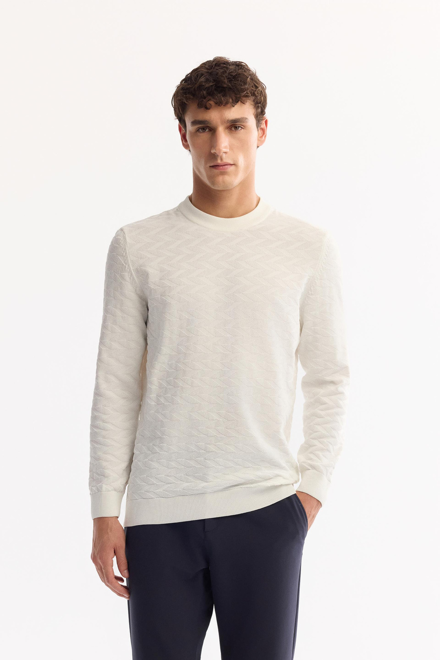 Ecru Textured Crew Neck Knit Sweater