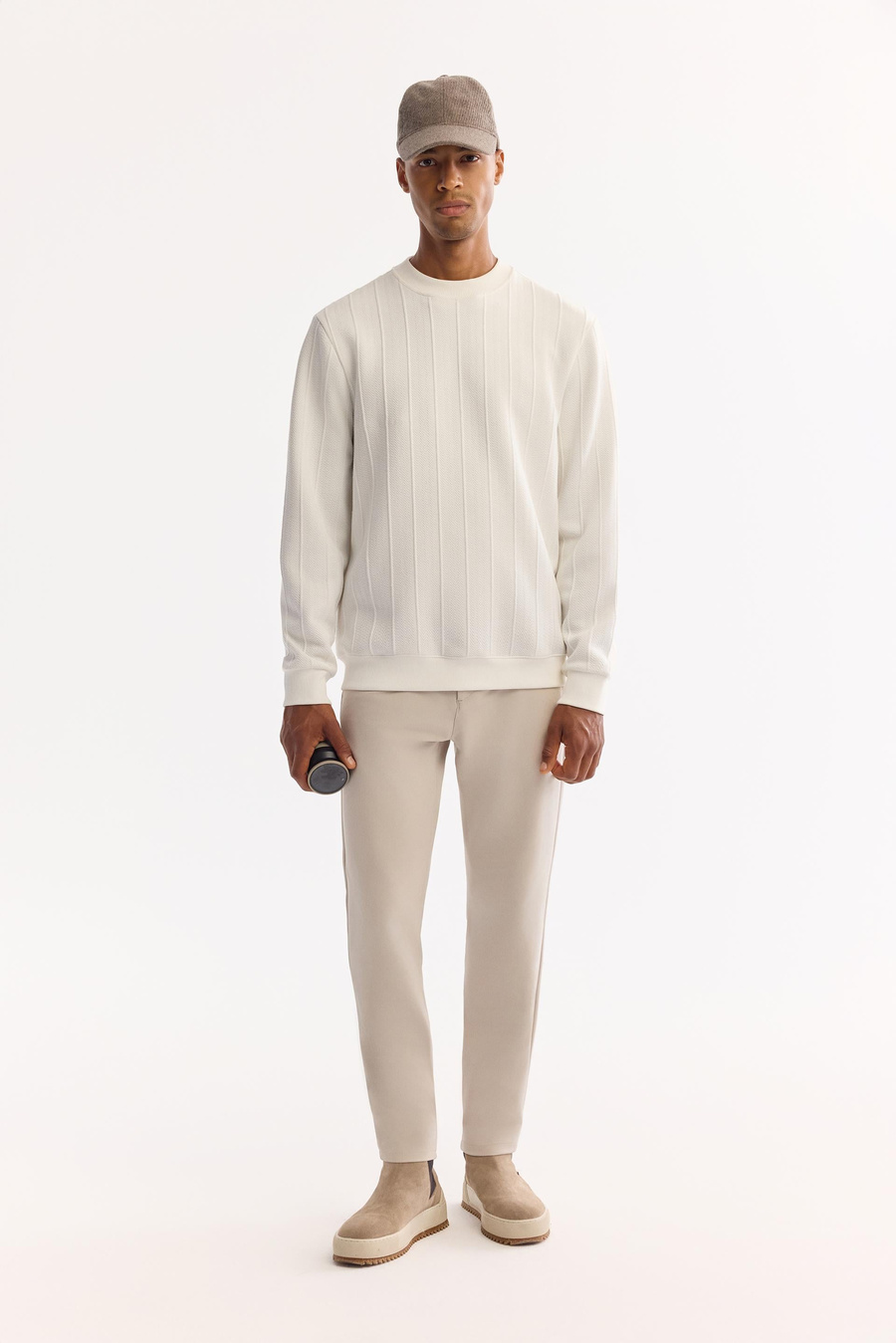 Ekru Bisiklet Yaka Elastan Kolay Ütülenen Çizgili Sweatshirt