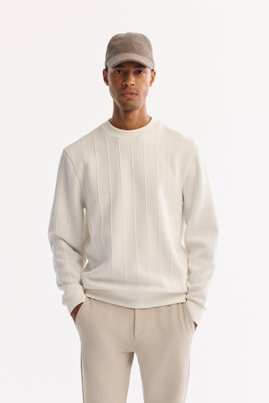 Ekru Bisiklet Yaka Elastan Kolay Ütülenen Çizgili Sweatshirt