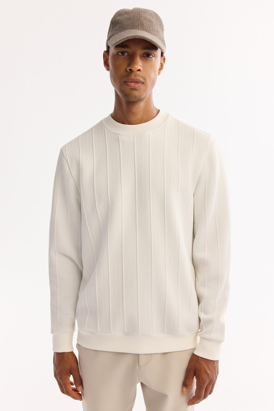 Ekru Bisiklet Yaka Elastan Kolay Ütülenen Çizgili Sweatshirt