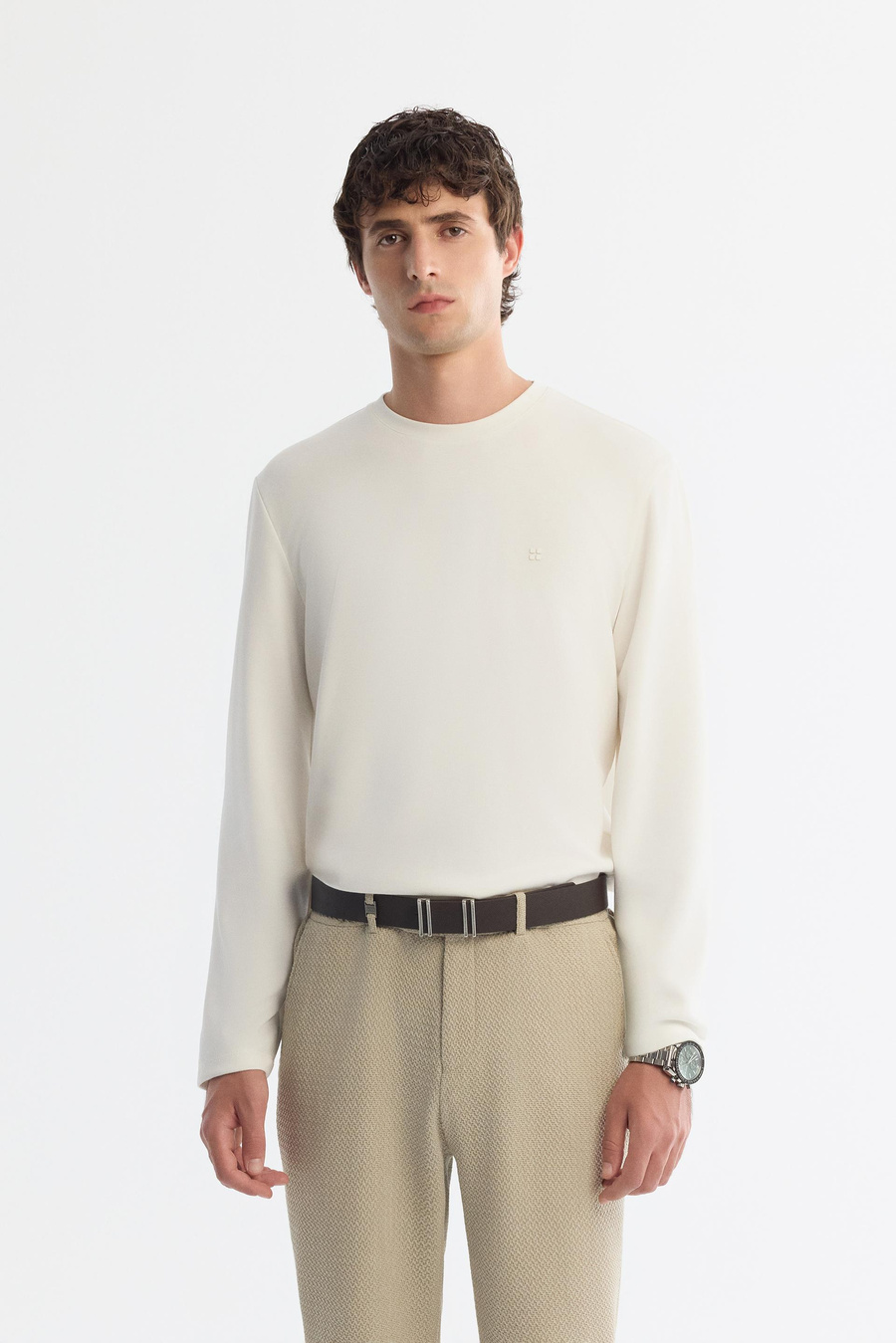 Ekru Bisiklet Yaka Pamuklu Basic Sweatshirt