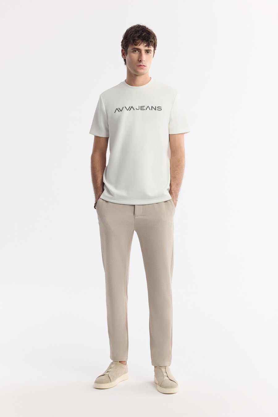 Ekru Bisiklet Yaka Reflektörlü Bi-Stretch İnterlok T-Shirt