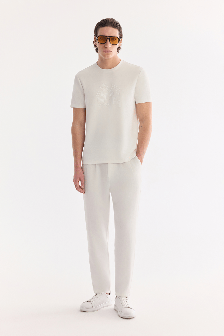 Ekru Bisiklet Yaka Elastan Bi-Stretch İnterlok T-Shirt