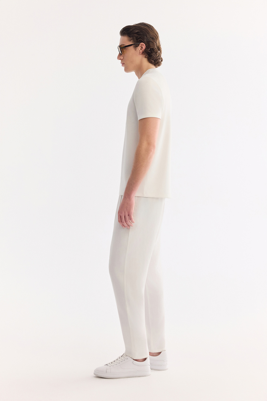 Ekru Bisiklet Yaka Elastan Bi-Stretch İnterlok T-Shirt