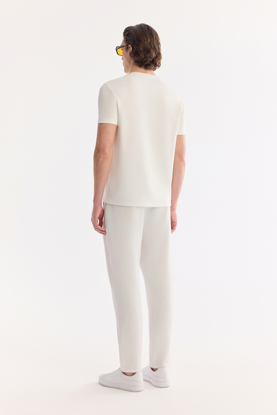 Ekru Bisiklet Yaka Elastan Bi-Stretch İnterlok T-Shirt