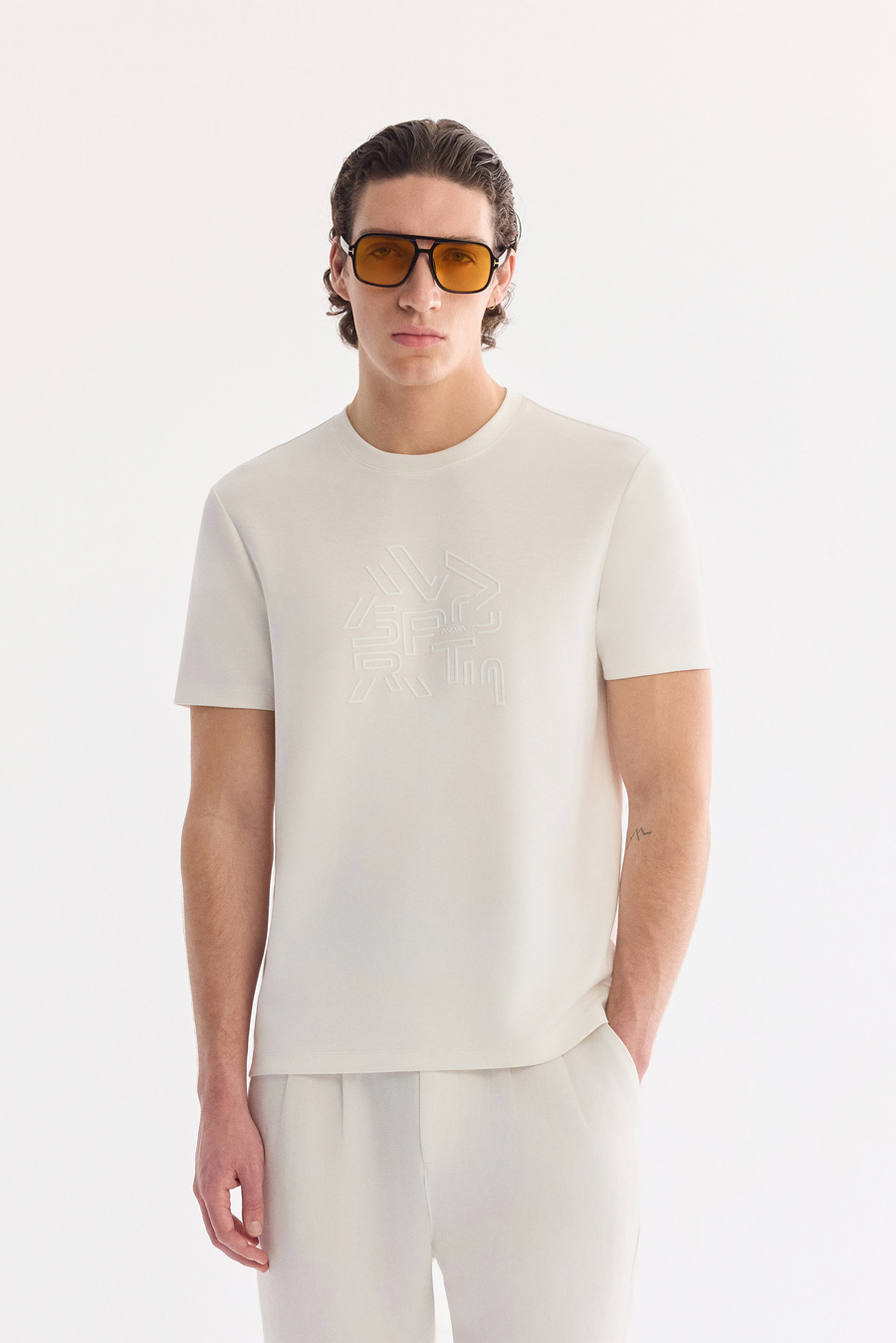 Ekru Bisiklet Yaka Elastan Bi-Stretch İnterlok T-Shirt