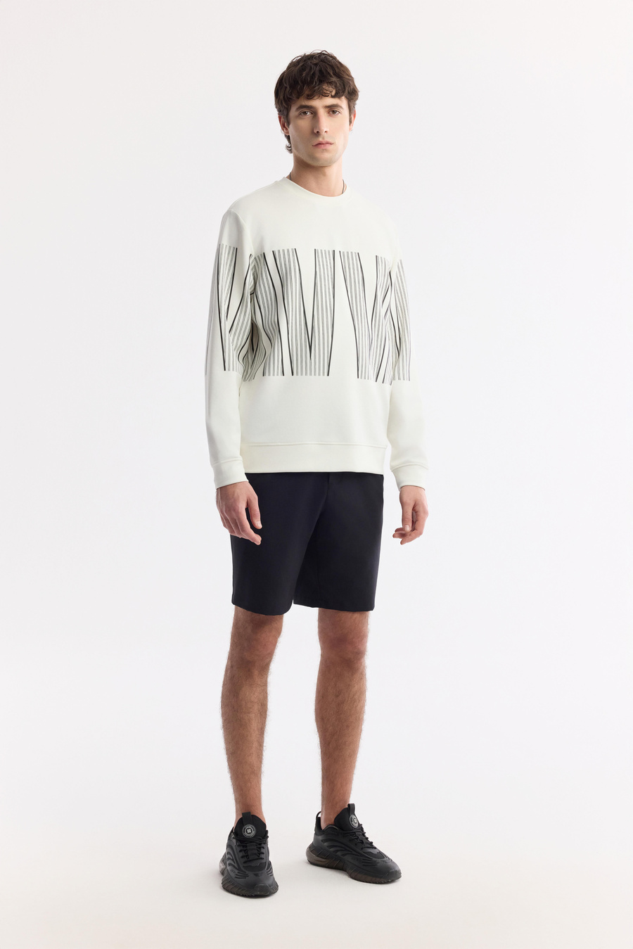 Ekru Bisiklet Yaka Baskılı Bi-Stretch İnterlok Sweatshirt