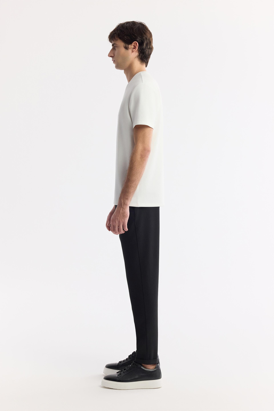 Ekru Bisiklet Yaka Baskılı Bi-Stretch İnterlok T-Shirt