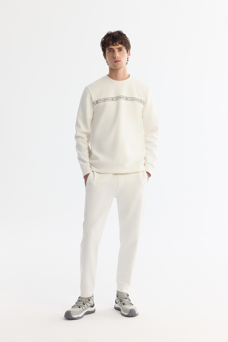 Ekru Bisiklet Yaka Pamuklu Baskılı Elastan Sweatshirt