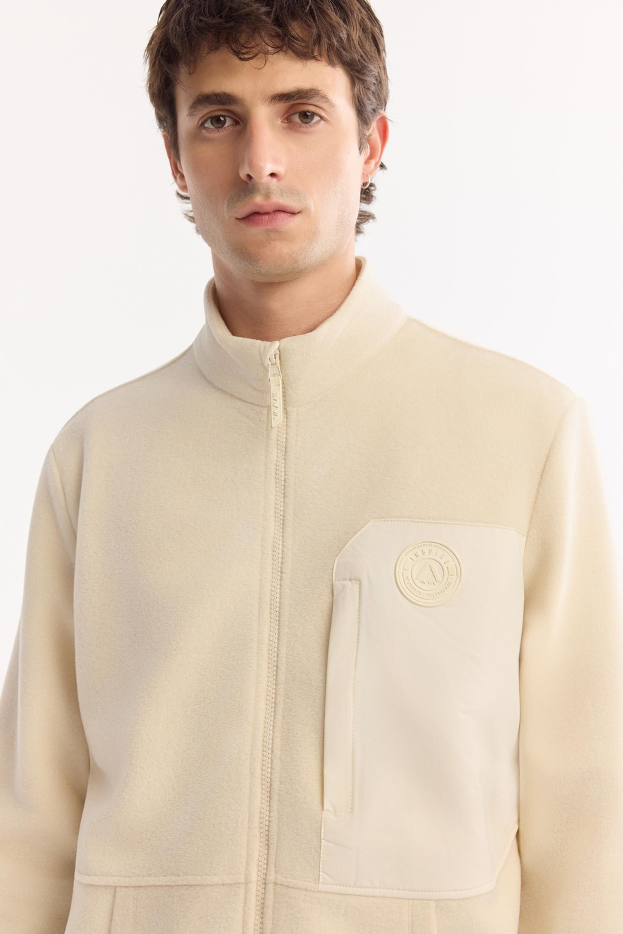 Ecru Stand Collar Zip-Up Soft Touch Fleece Sweatshirt