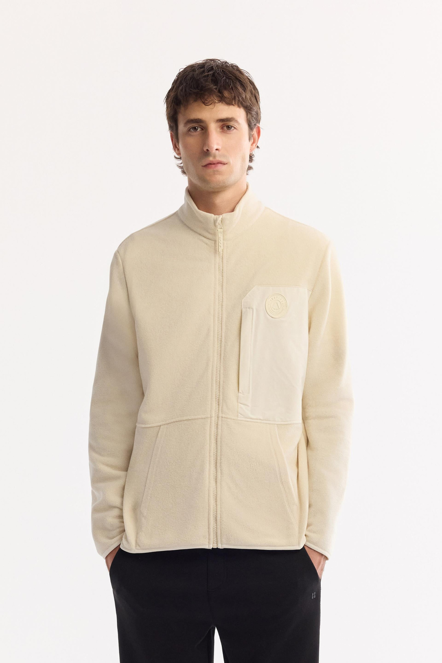 Ecru Stand Collar Zip-Up Soft Touch Fleece Sweatshirt