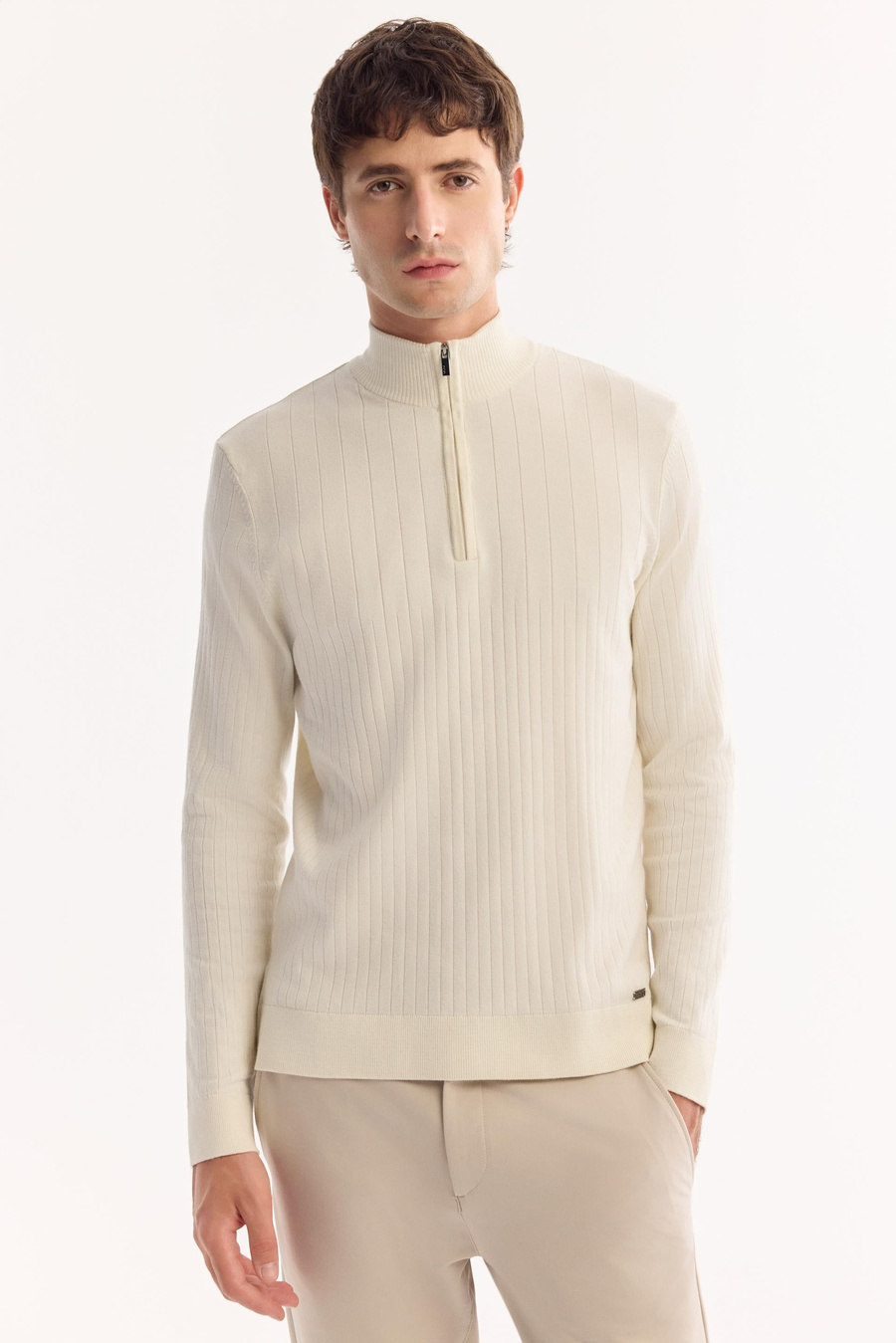 Ecru Soft Touch Striped Zip Up Mock Neck Knit Sweater