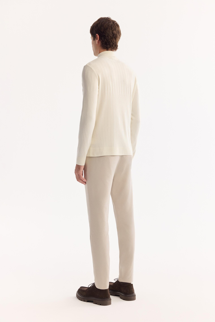 Ecru Soft Touch Striped Zip Up Mock Neck Knit Sweater