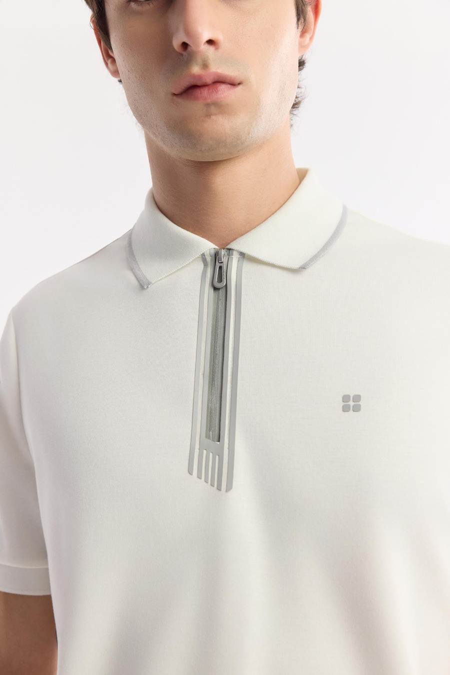 Ekru Polo Yaka Bi-Stretch Baskılı İnterlok T-Shirt