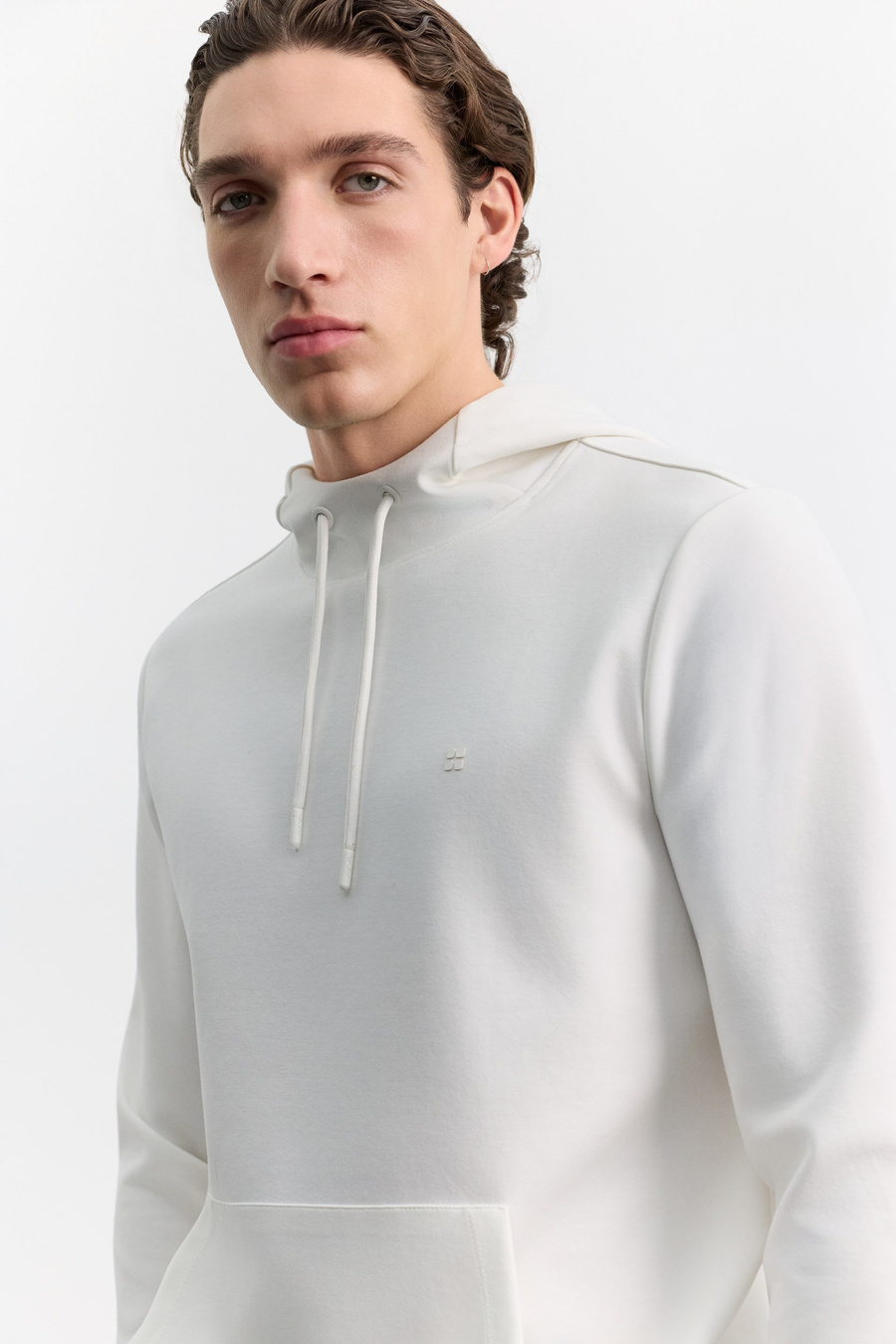 Ekru Kapüşonlu Kolay Ütülenebilir İnterlok Sweatshirt