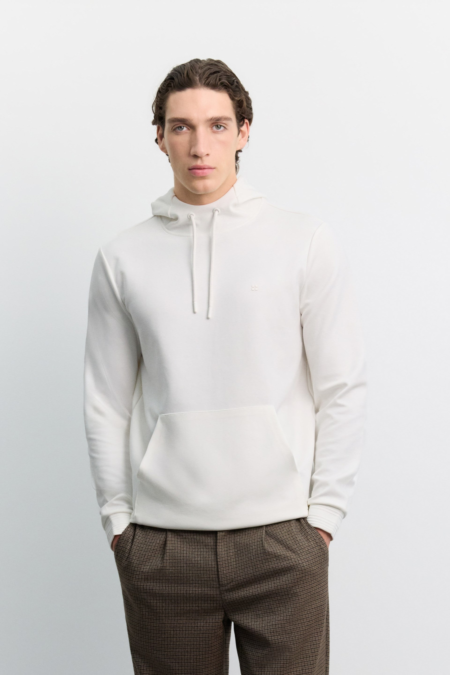 Ekru Kapüşonlu Kolay Ütülenebilir İnterlok Sweatshirt