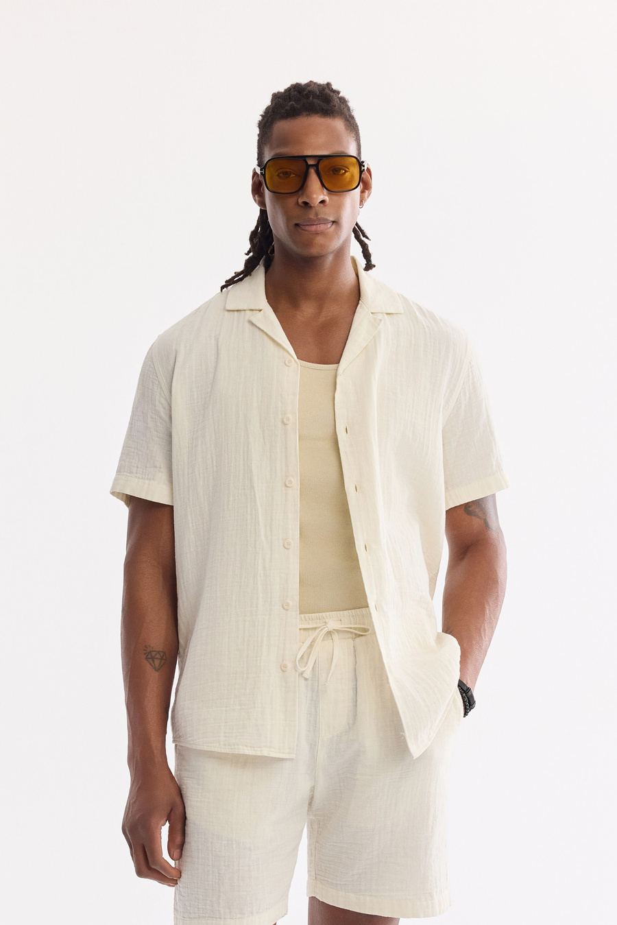 Ecru Camp Collar Breathable Short Sleeve Shirt