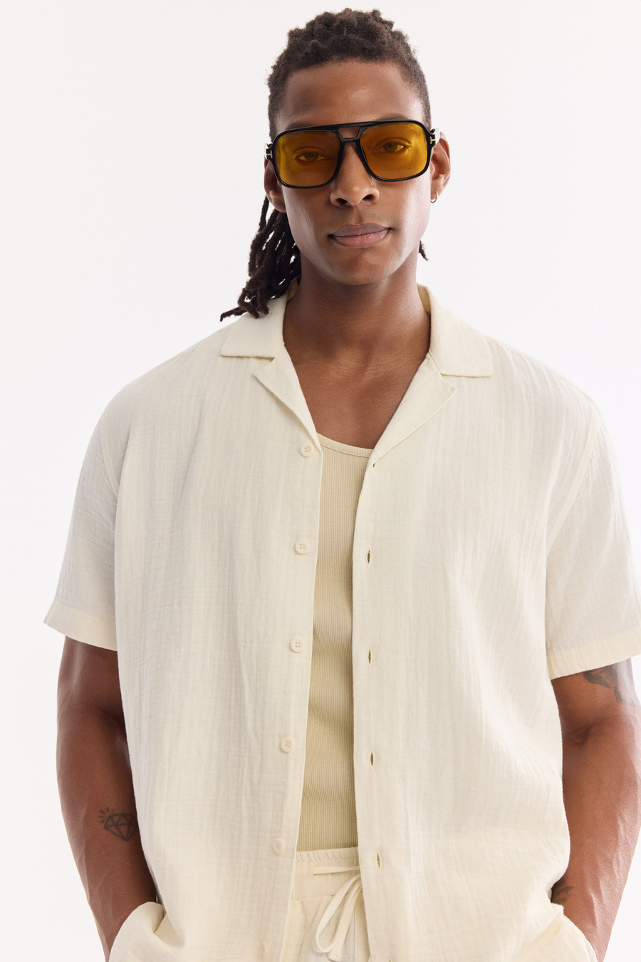 Ecru Camp Collar Breathable Short Sleeve Shirt