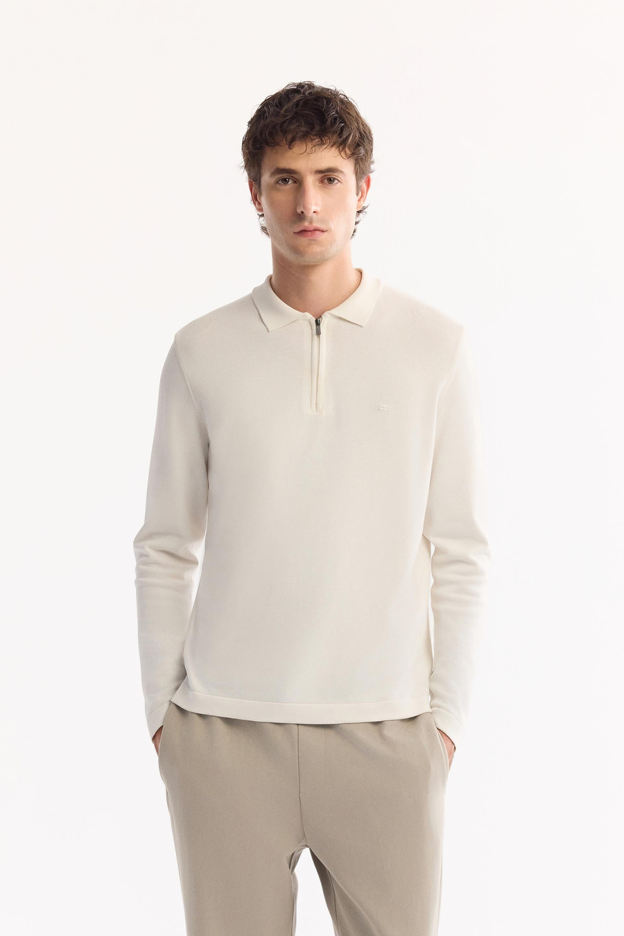 Ecru Polo Collar Zip-Up Anti-Pilling Rayon Knit Sweater