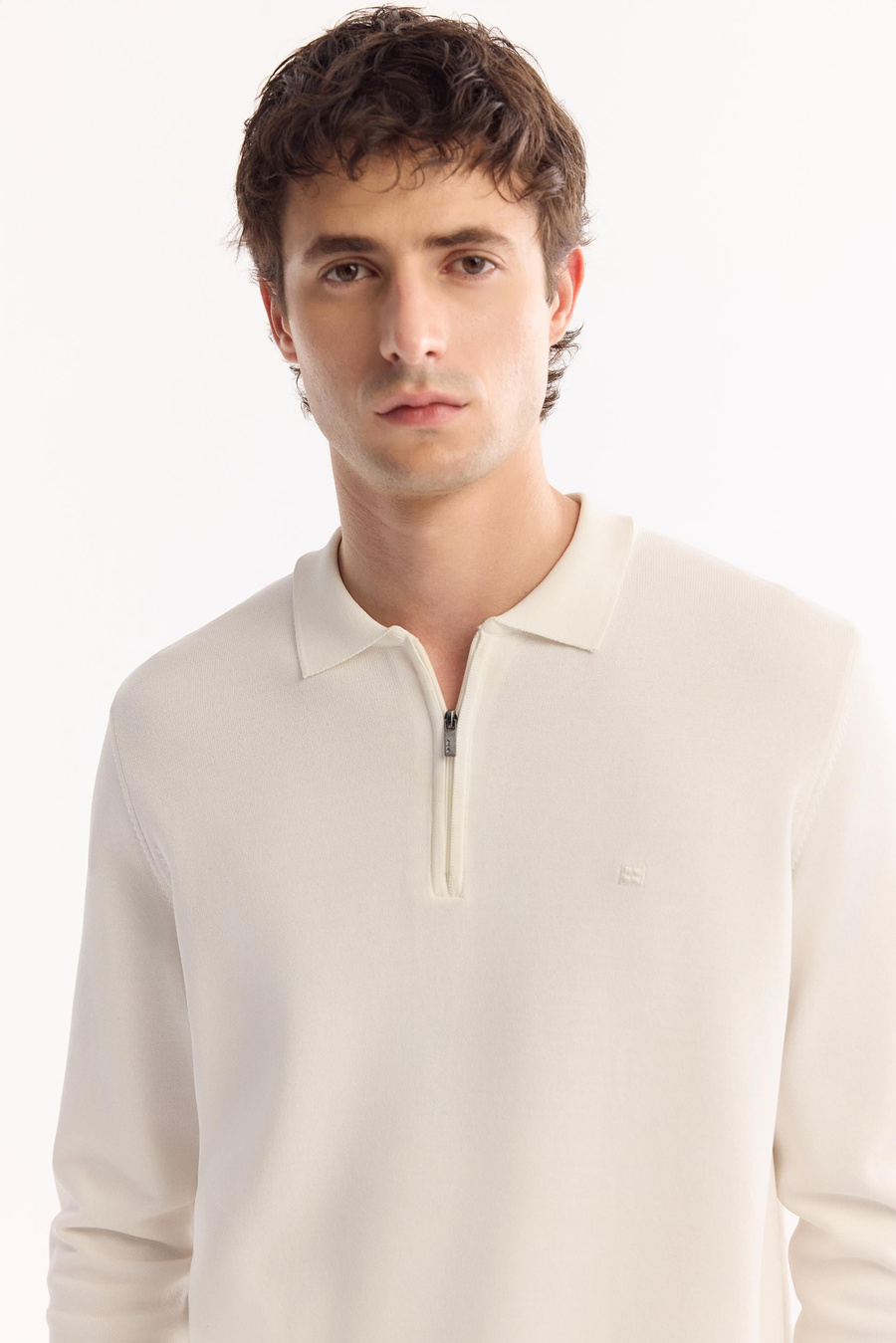 Ecru Polo Collar Zip-Up Anti-Pilling Rayon Knit Sweater