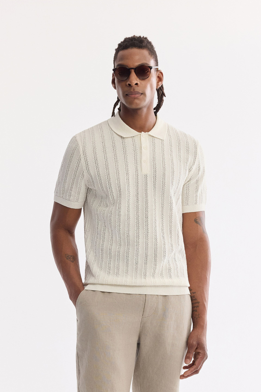 Ekru Polo Yaka Düğmeli Soft Touch Triko T-Shirt