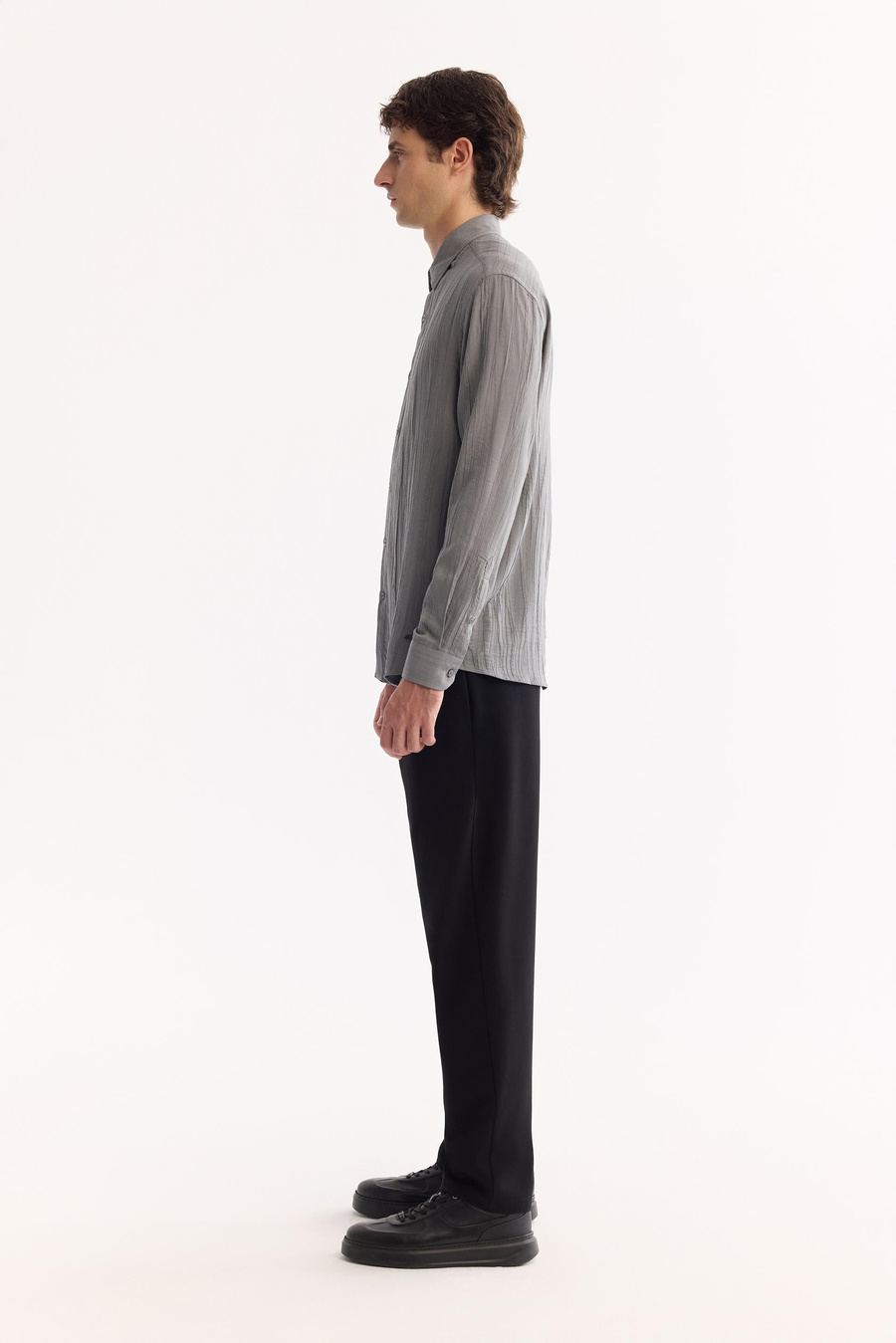Grey Button-Down Collar Cotton Soft Touch Textured Shirt