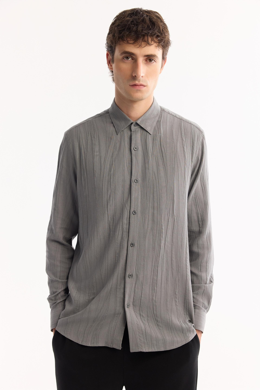 Grey Button-Down Collar Cotton Soft Touch Textured Shirt