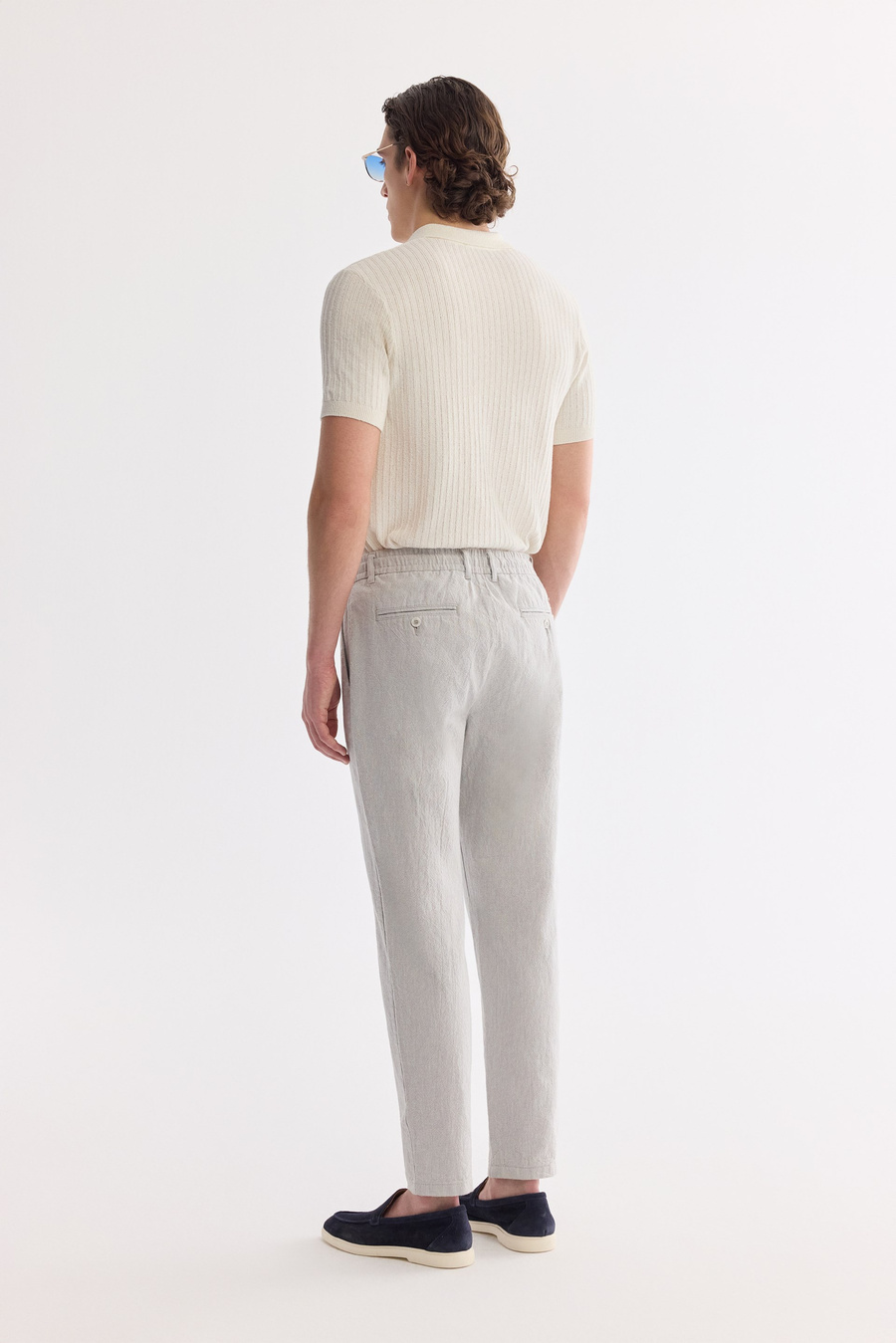 Gri Beli Bağcıklı Keten Karışımlı Chino Pantolon