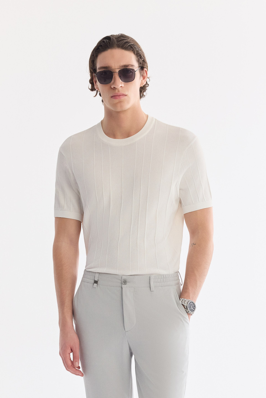 Gri Beli Lastikli Viskon Karışımlı Elastan Chino Pantolon